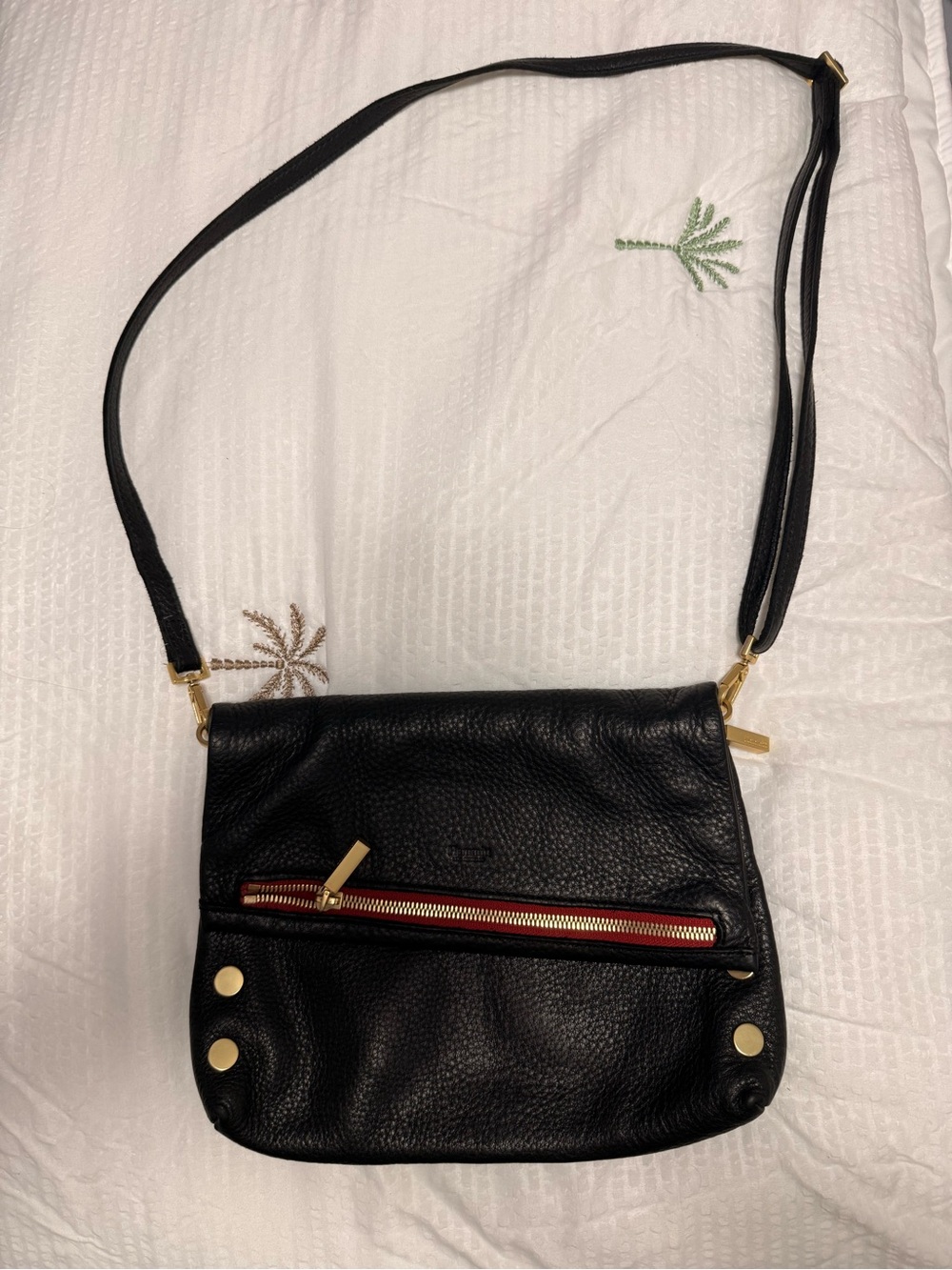Hammitt Black Leather Crossbody with Gold Hardware and Red Zip Accent